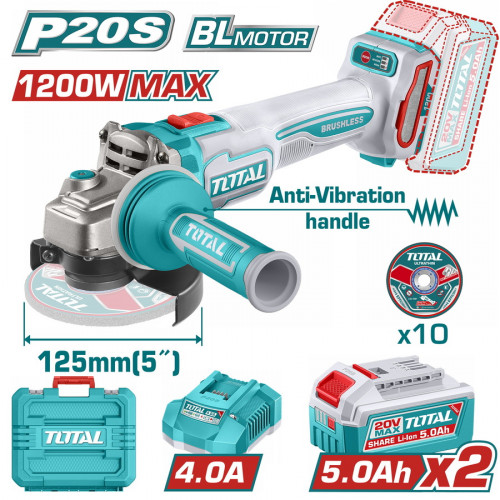 TOTAL ΕΠΑΓΓ. ΣΕΤ ΓΩΝΙΑΚΟΣ ΤΡΟΧΟΣ 125mm ΜΠΑΤ. Li-ion 20V / 5Ah / 2 ΜΠΑΤ BL Motor (TAGLI2120272E) TOTAL ΕΠΑΓΓ. ΣΕΤ ΓΩΝΙΑΚΟΣ ΤΡΟΧΟΣ 125mm ΜΠΑΤ. Li-ion 20V / 5Ah / 2 ΜΠΑΤ BL Motor (TAGLI2120272E)