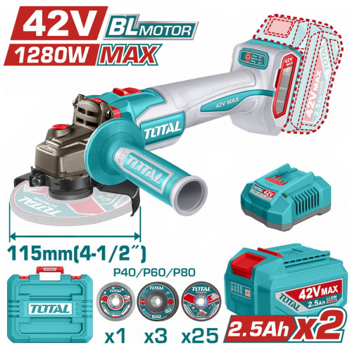 TOTAL ΕΠΑΓΓ. ΣΕΤ ΓΩΝΙΑΚΟΣ ΤΡΟΧΟΣ 115mm ΜΠΑΤ. Li-ion 42V / 2.5Ah / 2 ΜΠΑΤ BL Motor (TAGLI4128112E)