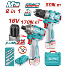 TOTAL ΣΕΤ ΕΠΑΓΓ. ΔΡΑΠ/ΒΙΔΟ 60Nm + ΠΑΛΜΙΚΟ ΚΑΤΣΑΒΙΔΙ 170Nm ΜΠΑΤ. Li-ion 16V/2Ah/2 ΜΠΑΤ (TOSLI240968)