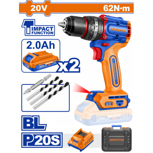 WADFOW ΔΡΑΠ/ΒΙΔΟ ΚΡΟΥΣΤΙΚΟ ΜΠΑΤ. Li-ion 20V / 62Nm / 2Ah / 2 ΜΠΑΤ BL Motor (WCDP6281E) WADFOW ΔΡΑΠ/ΒΙΔΟ ΚΡΟΥΣΤΙΚΟ ΜΠΑΤ. Li-ion 20V / 62Nm / 2Ah / 2 ΜΠΑΤ BL Motor (WCDP6281E)