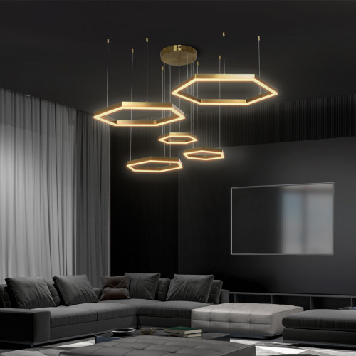 kelvo® LEXAGON KLV-101-0180 Κρεμαστό Φωτιστικό Οροφής LED 120W 12000lm 200° AC 220-240V IP20 Ρυθμιζόμενο Λευκό CCT με Χειριστήριο από 2700K έως 6000K Dimmable - Lumileds SMD Chip - Χρυσό Πλατίνα - Μ11
