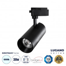 GloboStar® LUGANO 60815 Μονοφασικό Φωτιστικό Σποτ Ράγας LED 30W 3900lm 36° Acrylic HQ LENS AC 220-240V IP20 Φ7.5 x Υ22.7cm Ψυχρό Λευκό 6000K - EUROTRACK® System 1L+1N - Μαύρο - Bridgelux Chip - TÜV Ce