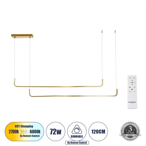 GLOBOSTAR® LINARIA DUO 60926 Μοντέρνο Κρεμαστό Φωτιστικό Οροφής LED 72W 8300lm 200° AC 220-240V IP20 Ρυθμιζόμενο Λευκό CCT με Χειριστήριο από 2700K έως 6000K Dimmable - Lumileds SMD Chip - Χρυσό Βούρτ GLOBOSTAR® LINARIA DUO 60926 Μοντέρνο Κρεμαστό Φωτιστικό Οροφής LED 72W 8300lm 200° AC 220-240V IP20 Ρυθμιζόμενο Λευκό CCT με Χειριστήριο από 2700K έως 6000K Dimmable - Lumileds SMD Chip - Χρυσό Βούρτ
