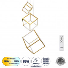 GLOBOSTAR® KIBOO-TRIO 60932 Μοντέρνο Κρεμαστό Φωτιστικό Οροφής LED 90W 10350lm 360° AC 220-240V IP20 Ρυθμιζόμενο Λευκό CCT με Χειριστήριο από 2700K έως 6000K Dimmable - Lumileds SMD Chip - Χρυσό - Μ60