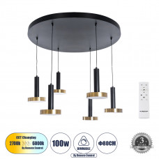 GLOBOSTAR® ZANE 60935 Μοντέρνο Κρεμαστό Φωτιστικό Οροφής LED 100W 11200lm 120° AC 220-240V IP20 Ρυθμιζόμενο Λευκό CCT με Χειριστήριο από 2700K έως 6000K Dimmable - Lumileds SMD Chip - Μαύρο Ματ & Χρυσ