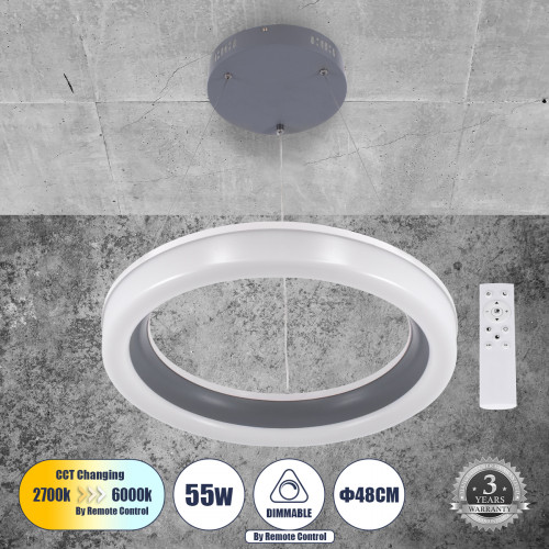 GLOBOSTAR® ARIANA 61039 Μοντέρνο Κρεμαστό Φωτιστικό Οροφής LED 55W 6376lm 120° AC 220-240V IP20 Ρυθμιζόμενο Λευκό CCT με Χειριστήριο από 2700K έως 6000K Dimmable - Lumileds SMD Chip - Γκρι - Μ48 x Π48 GLOBOSTAR® ARIANA 61039 Μοντέρνο Κρεμαστό Φωτιστικό Οροφής LED 55W 6376lm 120° AC 220-240V IP20 Ρυθμιζόμενο Λευκό CCT με Χειριστήριο από 2700K έως 6000K Dimmable - Lumileds SMD Chip - Γκρι - Μ48 x Π48