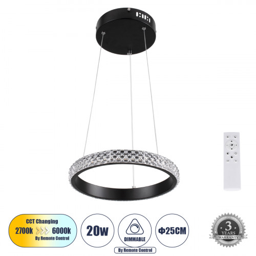 GLOBOSTAR® DIAMOND 61126 Μοντέρνο Κρεμαστό Φωτιστικό Οροφής LED 20W 2356lm 360° AC 220-240V IP20 Ρυθμιζόμενο Λευκό CCT με Χειριστήριο από 2700K έως 6000K Dimmable - Lumileds SMD Chip - Μαύρο Ματ - Μ25 GLOBOSTAR® DIAMOND 61126 Μοντέρνο Κρεμαστό Φωτιστικό Οροφής LED 20W 2356lm 360° AC 220-240V IP20 Ρυθμιζόμενο Λευκό CCT με Χειριστήριο από 2700K έως 6000K Dimmable - Lumileds SMD Chip - Μαύρο Ματ - Μ25
