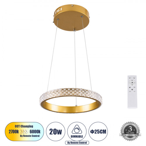 GLOBOSTAR® DIAMOND 61127 Μοντέρνο Κρεμαστό Φωτιστικό Οροφής LED 20W 2356lm 360° AC 220-240V IP20 Ρυθμιζόμενο Λευκό CCT με Χειριστήριο από 2700K έως 6000K Dimmable - Lumileds SMD Chip - Χρυσό Βούρτσας GLOBOSTAR® DIAMOND 61127 Μοντέρνο Κρεμαστό Φωτιστικό Οροφής LED 20W 2356lm 360° AC 220-240V IP20 Ρυθμιζόμενο Λευκό CCT με Χειριστήριο από 2700K έως 6000K Dimmable - Lumileds SMD Chip - Χρυσό Βούρτσας
