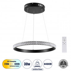 GLOBOSTAR® DIAMOND 61128 Μοντέρνο Κρεμαστό Φωτιστικό Οροφής LED 30W 3513lm 360° AC 220-240V IP20 Ρυθμιζόμενο Λευκό CCT με Χειριστήριο από 2700K έως 6000K Dimmable - Lumileds SMD Chip - Μαύρο Ματ - Μ40