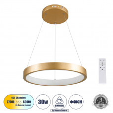 GLOBOSTAR® NEMESIS 61157 Μοντέρνο Κρεμαστό Φωτιστικό Οροφής LED 30W 3513lm 360° AC 220-240V IP20 Ρυθμιζόμενο Λευκό CCT με Χειριστήριο από 2700K έως 6000K Dimmable - Lumileds SMD Chip - Χρυσό Βούρτσας 