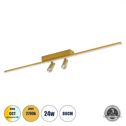 GLOBOSTAR® BARETTI 61228 Μοντέρνο Φωτιστικό Οροφής LED 24W 2688lm 160° & 45° AC 220-240V IP20 Ρυθμιζόμενο Λευκό CCT με On/Off 2700K/4500K/6000K - Lumileds SMD Chip - Χρυσό - Μ80 x Π5 x Υ15cm - 3 Χρόνι GLOBOSTAR® BARETTI 61228 Μοντέρνο Φωτιστικό Οροφής LED 24W 2688lm 160° & 45° AC 220-240V IP20 Ρυθμιζόμενο Λευκό CCT με On/Off 2700K/4500K/6000K - Lumileds SMD Chip - Χρυσό - Μ80 x Π5 x Υ15cm - 3 Χρόνι