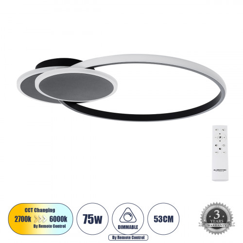 GLOBOSTAR® CIRCUO 61229 Μοντέρνο Φωτιστικό Οροφής LED 75W 8400lm 360° AC 220-240V IP20 Ρυθμιζόμενο Λευκό CCT με Χειριστήριο από 2700K έως 6000K Dimmable - Lumileds SMD Chip - Μαύρο Ματ - Μ53 x Π42.5 x GLOBOSTAR® CIRCUO 61229 Μοντέρνο Φωτιστικό Οροφής LED 75W 8400lm 360° AC 220-240V IP20 Ρυθμιζόμενο Λευκό CCT με Χειριστήριο από 2700K έως 6000K Dimmable - Lumileds SMD Chip - Μαύρο Ματ - Μ53 x Π42.5 x