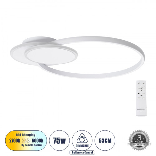 GLOBOSTAR® CIRCUO 61230 Μοντέρνο Φωτιστικό Οροφής LED 75W 8400lm 360° AC 220-240V IP20 Ρυθμιζόμενο Λευκό CCT με Χειριστήριο από 2700K έως 6000K Dimmable - Lumileds SMD Chip - Λευκό Ματ - Μ53 x Π42.5 x GLOBOSTAR® CIRCUO 61230 Μοντέρνο Φωτιστικό Οροφής LED 75W 8400lm 360° AC 220-240V IP20 Ρυθμιζόμενο Λευκό CCT με Χειριστήριο από 2700K έως 6000K Dimmable - Lumileds SMD Chip - Λευκό Ματ - Μ53 x Π42.5 x