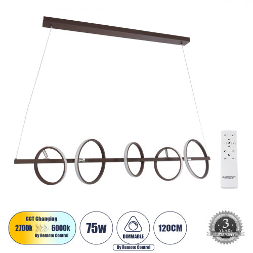 GLOBOSTAR® CIRCOLARE 61321 Μοντέρνο Κρεμαστό Φωτιστικό Οροφής LED 75W 8400lm 360° AC 220-240V IP20 Ρυθμιζόμενο Λευκό CCT με Χειριστήριο από 2700K έως 6000K Dimmable - Lumileds SMD Chip - Καφέ - Μ120 x GLOBOSTAR® CIRCOLARE 61321 Μοντέρνο Κρεμαστό Φωτιστικό Οροφής LED 75W 8400lm 360° AC 220-240V IP20 Ρυθμιζόμενο Λευκό CCT με Χειριστήριο από 2700K έως 6000K Dimmable - Lumileds SMD Chip - Καφέ - Μ120 x