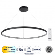 GLOBOSTAR® DIAMOND 61519 Μοντέρνο Κρεμαστό Φωτιστικό Οροφής LED 75W 8400lm 360° AC 220-240V IP20 Ρυθμιζόμενο Λευκό CCT με Χειριστήριο από 2700K έως 6000K Dimmable - Lumileds SMD Chip - Μαύρο Ματ - Μ10