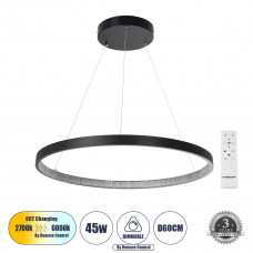 GLOBOSTAR® DIAMOND 61522 Μοντέρνο Κρεμαστό Φωτιστικό Οροφής LED 45W 5040lm 360° AC 220-240V IP20 Ρυθμιζόμενο Λευκό CCT με Χειριστήριο από 2700K έως 6000K Dimmable - Lumileds SMD Chip - Μαύρο Ματ - Μ60