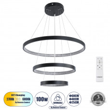 GLOBOSTAR® DIAMOND TRIO 61523 Μοντέρνο Κρεμαστό Φωτιστικό Οροφής LED 100W 11200lm 360° AC 220-240V IP20 Ρυθμιζόμενο Λευκό CCT με Χειριστήριο από 2700K έως 6000K Dimmable - Lumileds SMD Chip - Μαύρο Μα