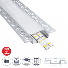 GLOBOSTAR® ALP-PLASTERIN GYPSO 70861-3M Χωνευτό Προφίλ Αλουμινίου Ειδικό για Γυψοσανίδα με Λευκό Γαλακτερό Πατητό Κάλυμμα για Ταινίες LED IP20 - Ασημί & Λευκό - Μ300 x Π7.8 x Υ1.4cm - Πακέτο 5 Τεμαχίω
