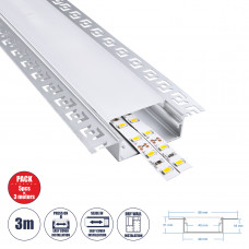 GloboStar® PLASTERBOARD-PROFILE 70862-3M Προφίλ Αλουμινίου - Βάση & Ψύκτρα Ταινίας LED με Λευκό Γαλακτερό Κάλυμμα - Χωνευτή Χρήση σε Γυψοσανίδα - Trimless - Πατητό Κάλυμμα - Ασημί - 3 Μέτρα - Πακέτο 5