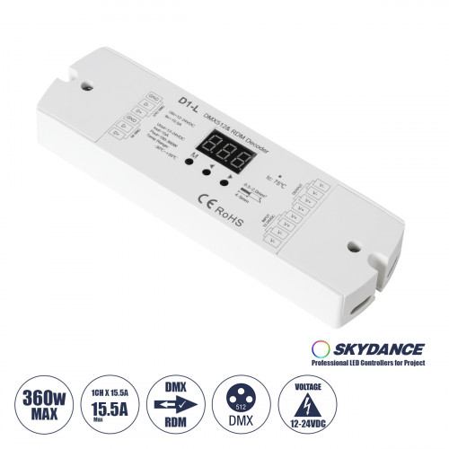 GLOBOSTAR® SKYDANCE-D1-L 71446 DC DMX Master Dimmer / Controller / Decoder Υψηλής Ταχύτητας με 1 x 15.5A 360W Κανάλια DC 12-24V 15.5A 360W Max IP20 - DMX512 & RDM - Μ17 x Π5 x Υ2.5cm - 5 Χρόνια Εγγύησ GLOBOSTAR® SKYDANCE-D1-L 71446 DC DMX Master Dimmer / Controller / Decoder Υψηλής Ταχύτητας με 1 x 15.5A 360W Κανάλια DC 12-24V 15.5A 360W Max IP20 - DMX512 & RDM - Μ17 x Π5 x Υ2.5cm - 5 Χρόνια Εγγύησ