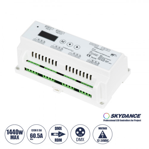 GloboStar® 71449 D12 SKYDANCE DC DMX & RDM Dimmer Din Rail Ράγας High Speed Controller / Decoder / Master 12 Καναλιών DC 12-24V 12 x 5A 120W - Max 60.5A 1440W - IP20 Μ15.5 x Π9 x Υ6cm - 5 Years Warran GloboStar® 71449 D12 SKYDANCE DC DMX & RDM Dimmer Din Rail Ράγας High Speed Controller / Decoder / Master 12 Καναλιών DC 12-24V 12 x 5A 120W - Max 60.5A 1440W - IP20 Μ15.5 x Π9 x Υ6cm - 5 Years Warran