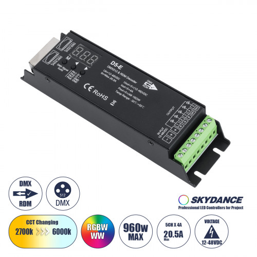 GLOBOSTAR® SKYDANCE-D5-E 73148 DC DMX Master Dimmer / Controller / Decoder Υψηλής Ταχύτητας με 5 x 4A 192W Κανάλια DC 12-48V 20.5A 960W Max IP20 - DMX512 & RDM - Μ17.5 x Π4.5 x Υ3.3cm - 5 Χρόνια Εγγύη GLOBOSTAR® SKYDANCE-D5-E 73148 DC DMX Master Dimmer / Controller / Decoder Υψηλής Ταχύτητας με 5 x 4A 192W Κανάλια DC 12-48V 20.5A 960W Max IP20 - DMX512 & RDM - Μ17.5 x Π4.5 x Υ3.3cm - 5 Χρόνια Εγγύη