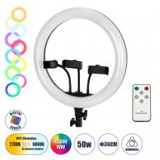 GloboStar® 75803 Professional Digital Ring Light Φ36cm LED SMD 50W 5000lm 180° DC 5V με Καλώδιο Τροφοδοσίας USB - Ενσωματωμένο και Ασύρματο Χειριστήριο RF 2.4Ghz Εναλλαγής Χρωμάτων & 3 Βάσεις Τηλεφώνο