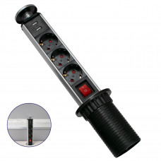 GLOBOSTAR® POWERFOLD 79630 Χωνευτό Πτυσσόμενο Πολύπριζο 5 Θέσεων με 2 x Πρίζες DC 5V USB 3.0 & 3 x EU Schuko Πρίζες Ασφαλείας Childproof AC 220-240V 3000W/13A Max Load με Διακόπτη On/Off IP20 - Μαύρο 