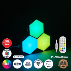 GloboStar® DIGIOCTA 90447 Σετ 3 Ψηφιακων LED RGB Φωτιστικών Κυψελών με Ψηφιακό Controller με WiFi Smart APP & Ασύρματο Χειριστήριο RF 2.4Ghz - LED SMD 5050 4.5W/Σετ 42PIXEL/Σετ 360lm/Σετ 120° DC 5V με