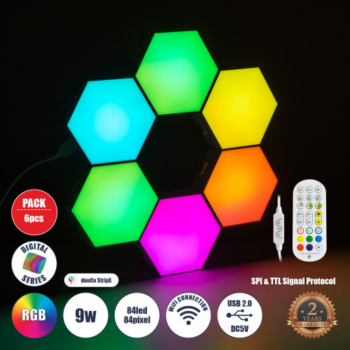 GloboStar® DIGIOCTA 90448 Σετ 6 Ψηφιακων LED RGB Φωτιστικών Κυψελών με Ψηφιακό Controller με WiFi Smart APP & Ασύρματο Χειριστήριο RF 2.4Ghz - LED SMD 5050 9W/Σετ 84PIXEL/Σετ 720lm/Σετ 120° DC 5V με U GloboStar® DIGIOCTA 90448 Σετ 6 Ψηφιακων LED RGB Φωτιστικών Κυψελών με Ψηφιακό Controller με WiFi Smart APP & Ασύρματο Χειριστήριο RF 2.4Ghz - LED SMD 5050 9W/Σετ 84PIXEL/Σετ 720lm/Σετ 120° DC 5V με U